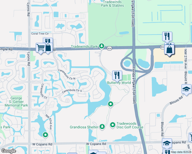 map of restaurants, bars, coffee shops, grocery stores, and more near 2597 Carambola Circle North in Coconut Creek