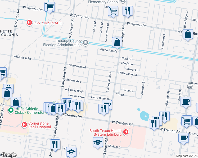 map of restaurants, bars, coffee shops, grocery stores, and more near 1728 International Street in Edinburg