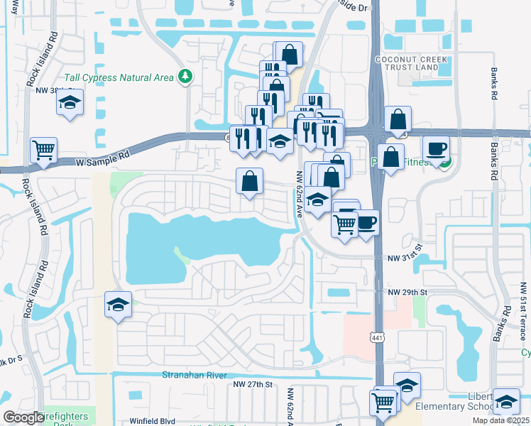 map of restaurants, bars, coffee shops, grocery stores, and more near 6211 Buena Vista Drive in Margate