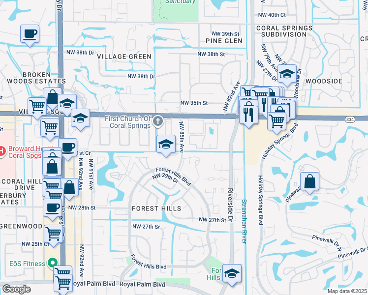 map of restaurants, bars, coffee shops, grocery stores, and more near 3181 Northwest 85th Avenue in Coral Springs