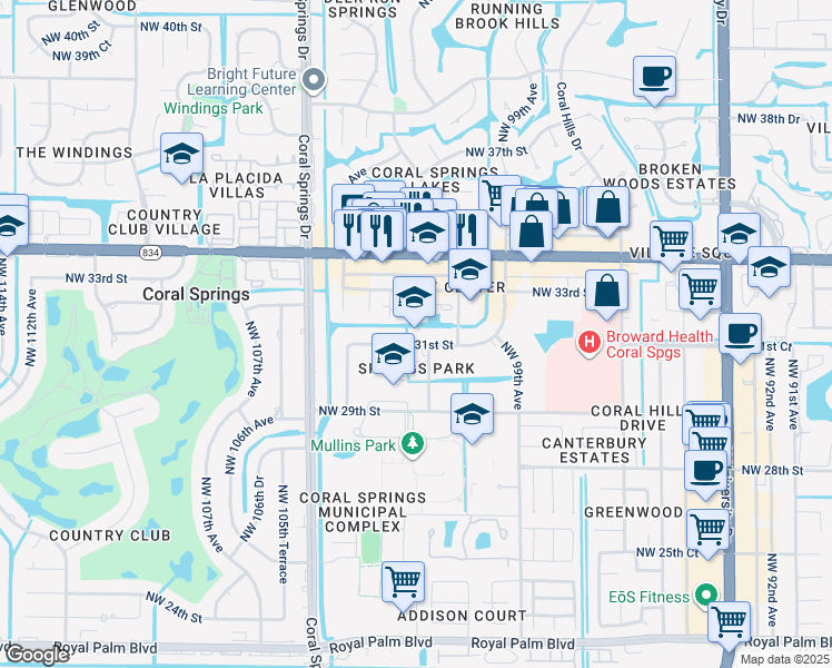 map of restaurants, bars, coffee shops, grocery stores, and more near 10193 Northwest 31st Street in Coral Springs