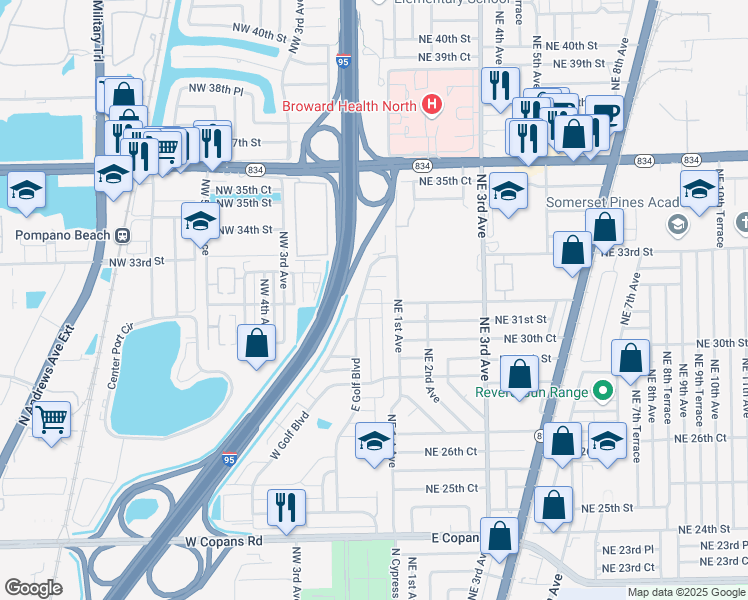 map of restaurants, bars, coffee shops, grocery stores, and more near 110 Northwest 31st Court in Pompano Beach