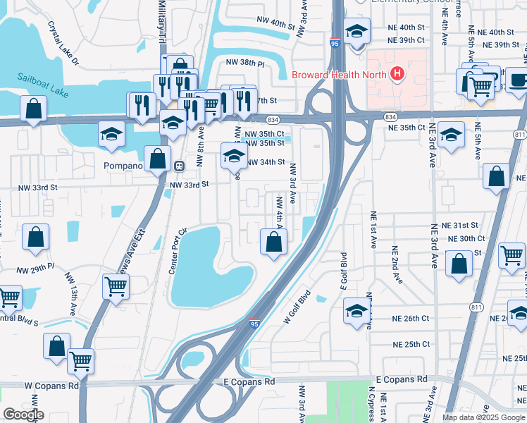 map of restaurants, bars, coffee shops, grocery stores, and more near 3001 Northwest 4th Terrace in Pompano Beach