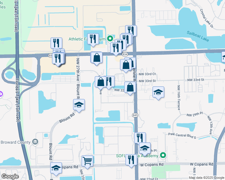 map of restaurants, bars, coffee shops, grocery stores, and more near 2299 Northwest 32nd Street in Pompano Beach
