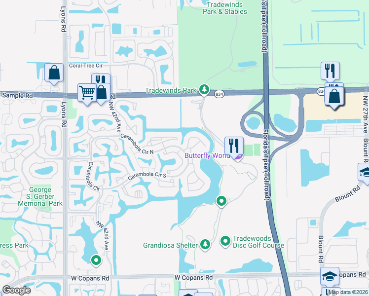 map of restaurants, bars, coffee shops, grocery stores, and more near 4638 Carambola Circle North in Coconut Creek