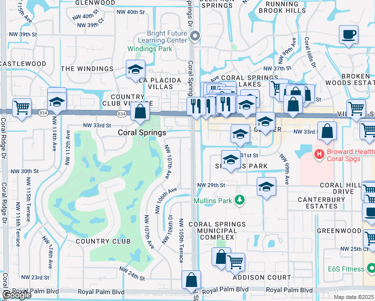 map of restaurants, bars, coffee shops, grocery stores, and more near 3100 Coral Springs Drive in Coral Springs
