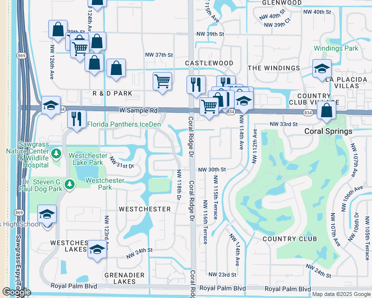 map of restaurants, bars, coffee shops, grocery stores, and more near 3110 Coral Ridge Drive in Coral Springs
