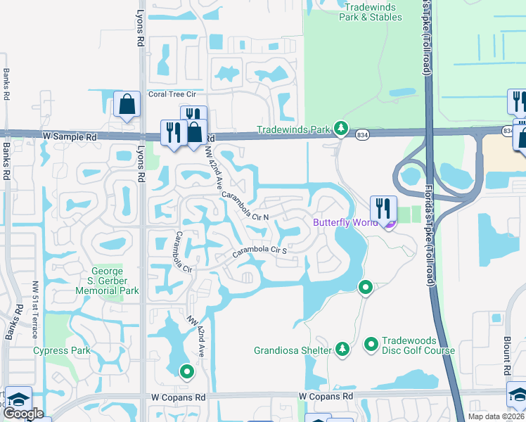 map of restaurants, bars, coffee shops, grocery stores, and more near 4562 Baywood III in Coconut Creek