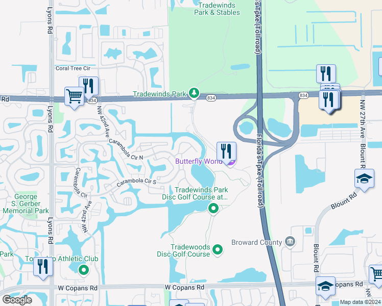 map of restaurants, bars, coffee shops, grocery stores, and more near 2565 Carambola Circle North in Coconut Creek