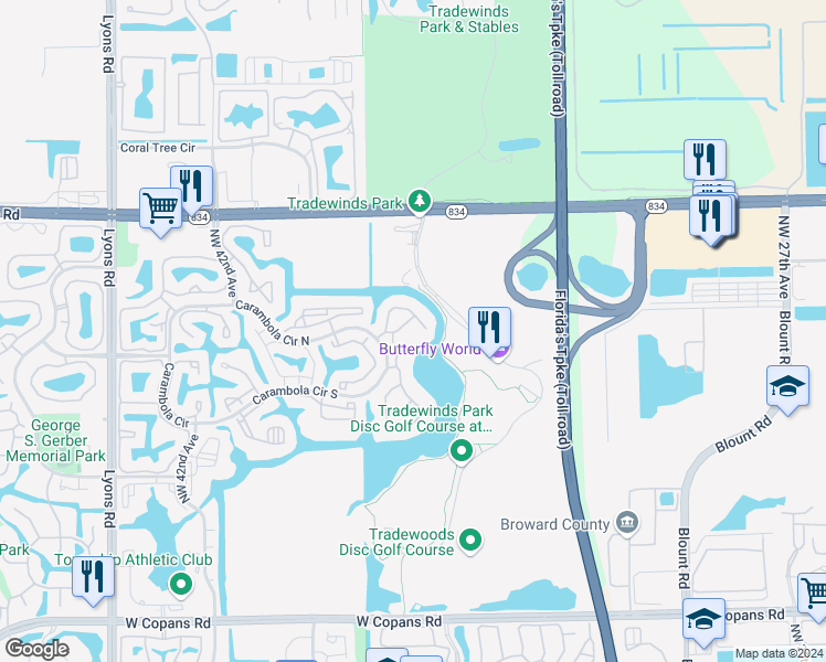 map of restaurants, bars, coffee shops, grocery stores, and more near 2569 Carambola Circle North in Coconut Creek