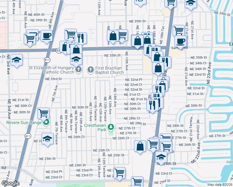 map of restaurants, bars, coffee shops, grocery stores, and more near 1401 Northeast 31st Court in Pompano Beach