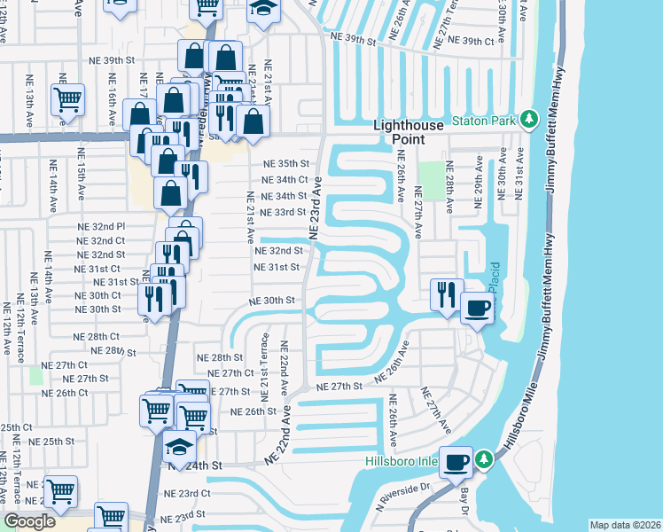 map of restaurants, bars, coffee shops, grocery stores, and more near 2330 Northeast 31st Court in Lighthouse Point