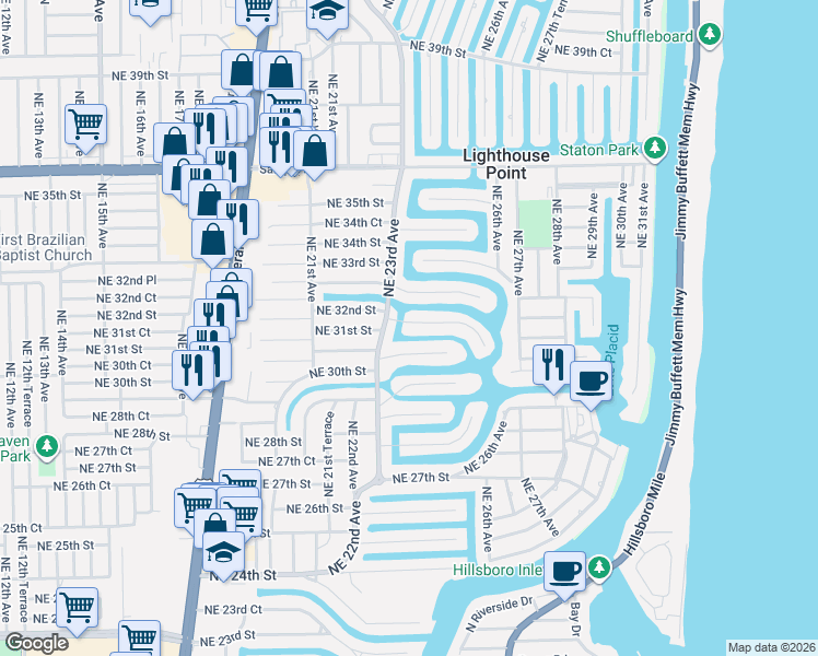map of restaurants, bars, coffee shops, grocery stores, and more near 2330 Northeast 31st Court in Lighthouse Point