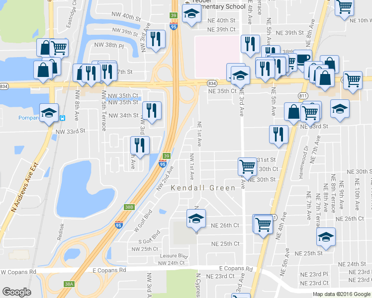 map of restaurants, bars, coffee shops, grocery stores, and more near 121 Northwest 31st Court in Pompano Beach