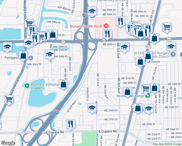 map of restaurants, bars, coffee shops, grocery stores, and more near 121 Northwest 31st Court in Pompano Beach