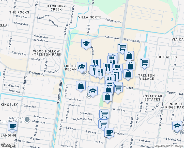 map of restaurants, bars, coffee shops, grocery stores, and more near 1316 Trenton Road in McAllen
