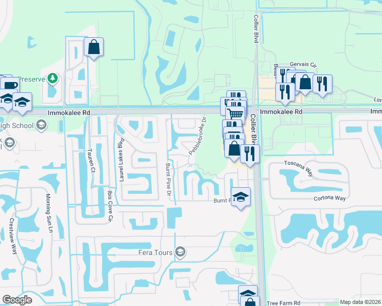 map of restaurants, bars, coffee shops, grocery stores, and more near 8602 Pebblebrooke Drive in Naples