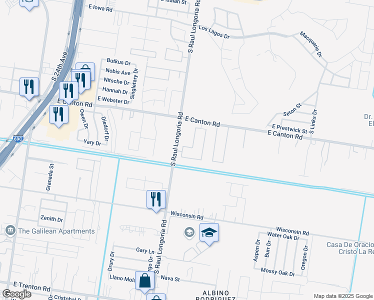 map of restaurants, bars, coffee shops, grocery stores, and more near 2601 Wolverine Street in Edinburg