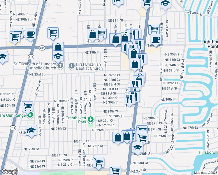 map of restaurants, bars, coffee shops, grocery stores, and more near 1484 Northeast 31st Court in Pompano Beach