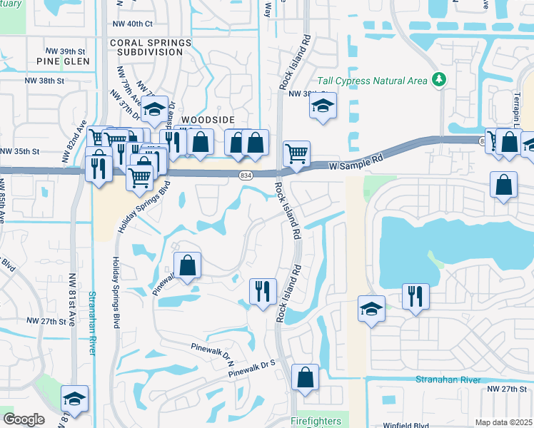 map of restaurants, bars, coffee shops, grocery stores, and more near 7181 Northwest 32nd Street in Margate