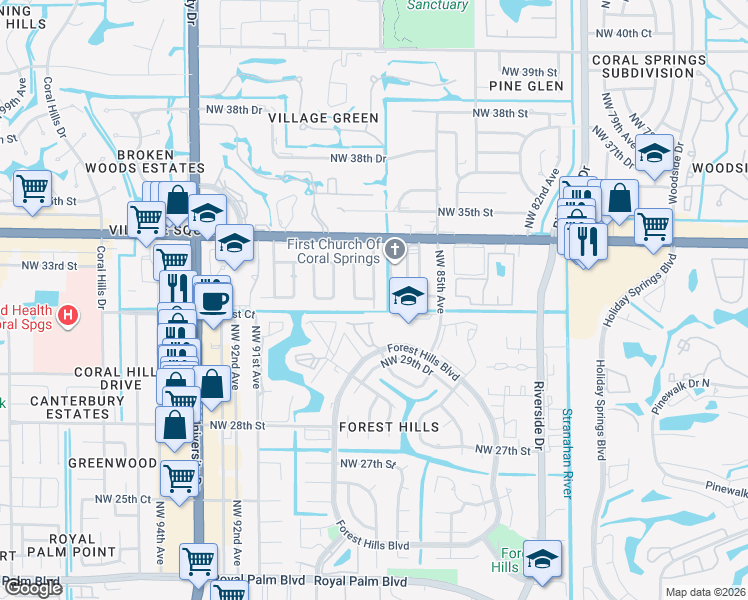 map of restaurants, bars, coffee shops, grocery stores, and more near 8700 Northwest 32nd Street in Coral Springs