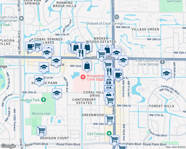 map of restaurants, bars, coffee shops, grocery stores, and more near 3130 Northwest 95th Avenue in Coral Springs