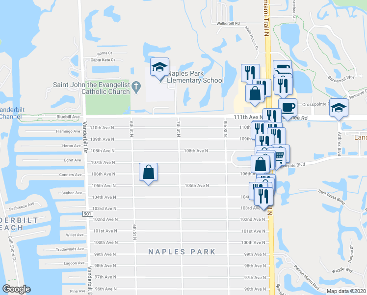 map of restaurants, bars, coffee shops, grocery stores, and more near 720 108th Avenue North in Naples