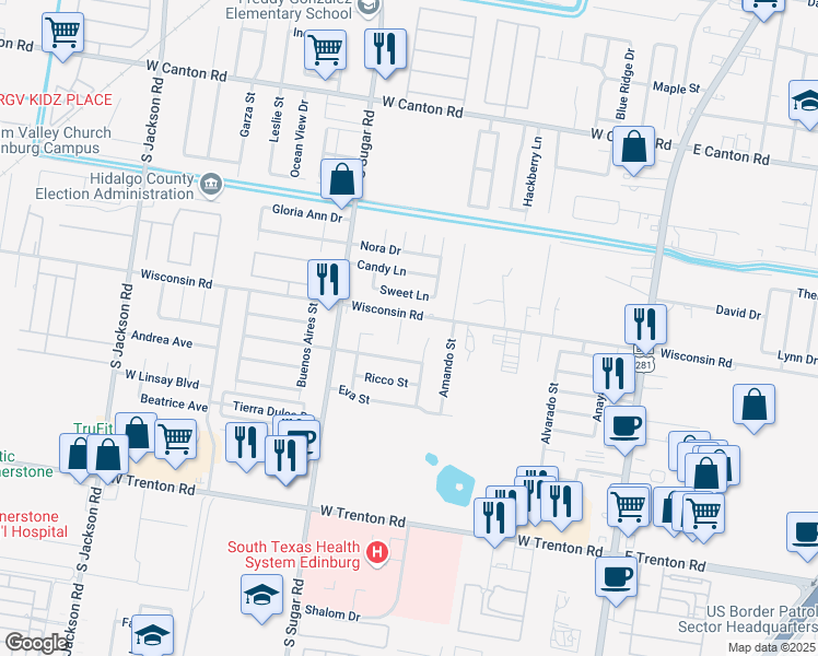 map of restaurants, bars, coffee shops, grocery stores, and more near 3508 Samgar Street in Edinburg
