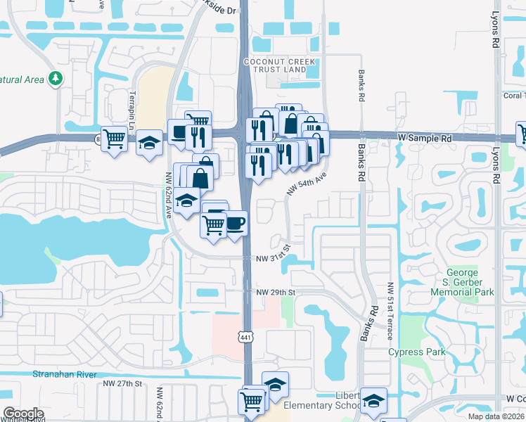 map of restaurants, bars, coffee shops, grocery stores, and more near 3409 Merrick Court in Margate