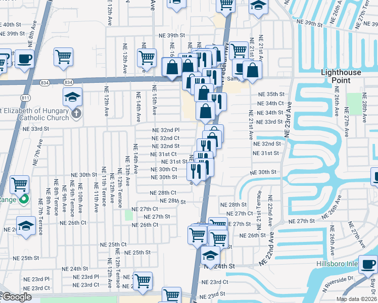 map of restaurants, bars, coffee shops, grocery stores, and more near 1684 Northeast 31st Court in Pompano Beach