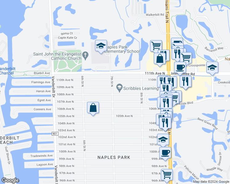 map of restaurants, bars, coffee shops, grocery stores, and more near 707 108th Avenue North in Naples