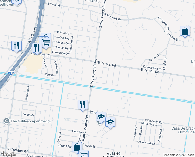 map of restaurants, bars, coffee shops, grocery stores, and more near 2601 Wolverine Street in Edinburg