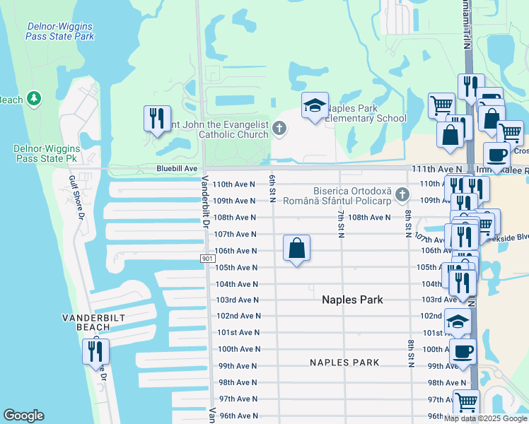 map of restaurants, bars, coffee shops, grocery stores, and more near 585 108th Avenue North in Naples