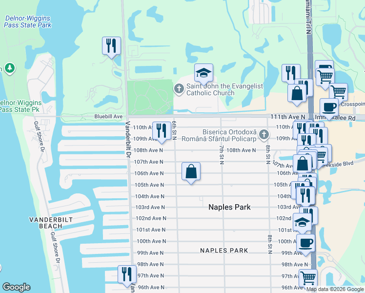 map of restaurants, bars, coffee shops, grocery stores, and more near 608 108th Avenue North in Naples