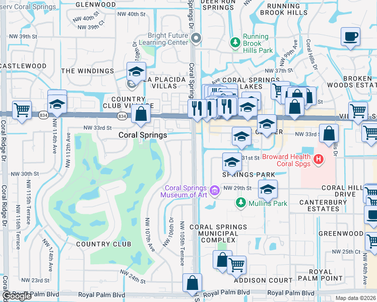 map of restaurants, bars, coffee shops, grocery stores, and more near 3100 Coral Springs Drive in Coral Springs