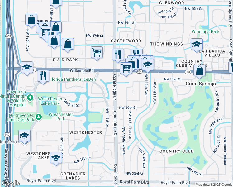 map of restaurants, bars, coffee shops, grocery stores, and more near 3161 Coral Ridge Drive in Coral Springs