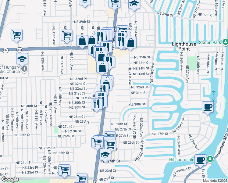 map of restaurants, bars, coffee shops, grocery stores, and more near 1951 Northeast 31st Street in Lighthouse Point