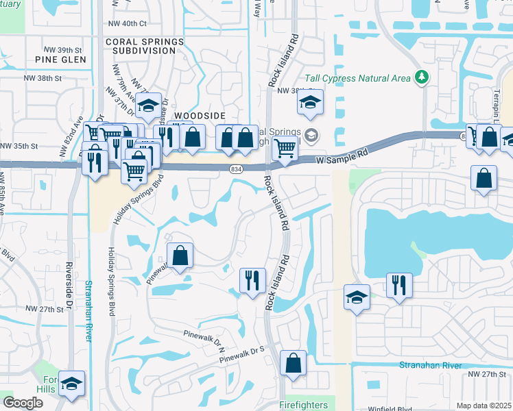 map of restaurants, bars, coffee shops, grocery stores, and more near 7181 Northwest 32nd Street in Margate