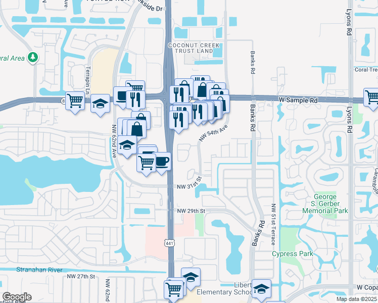 map of restaurants, bars, coffee shops, grocery stores, and more near 3409 Merrick Court in Margate