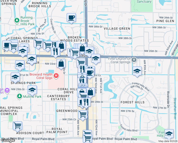map of restaurants, bars, coffee shops, grocery stores, and more near 3131 North University Drive in Coral Springs