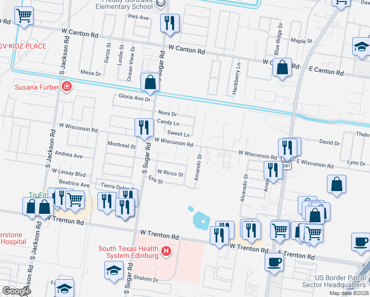 map of restaurants, bars, coffee shops, grocery stores, and more near 3508 Samgar Street in Edinburg