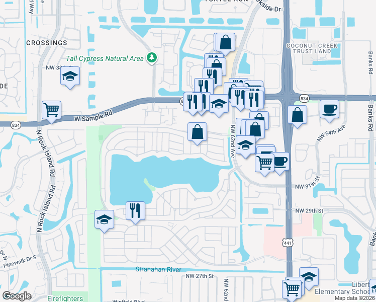 map of restaurants, bars, coffee shops, grocery stores, and more near 3315 Chickee Lane in Margate