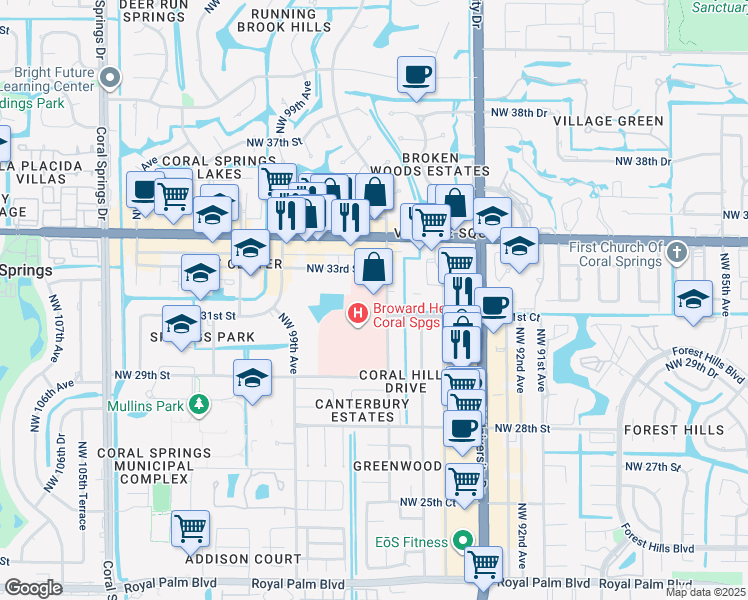 map of restaurants, bars, coffee shops, grocery stores, and more near 3100 Coral Hills Drive in Coral Springs