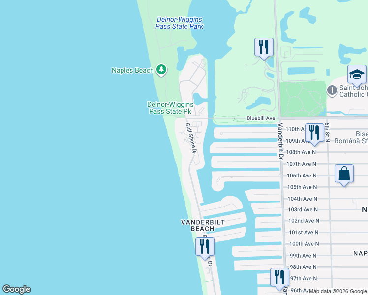 map of restaurants, bars, coffee shops, grocery stores, and more near 10701 Gulf Shore Drive in Naples