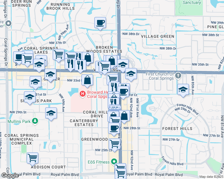 map of restaurants, bars, coffee shops, grocery stores, and more near 3135 Northwest 94th Avenue in Coral Springs