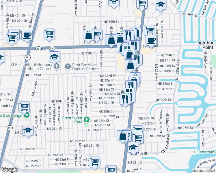 map of restaurants, bars, coffee shops, grocery stores, and more near 1584 Northeast 31st Court in Pompano Beach