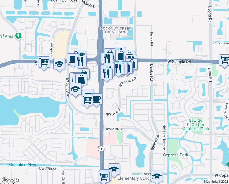 map of restaurants, bars, coffee shops, grocery stores, and more near 3409 Merrick Court in Margate