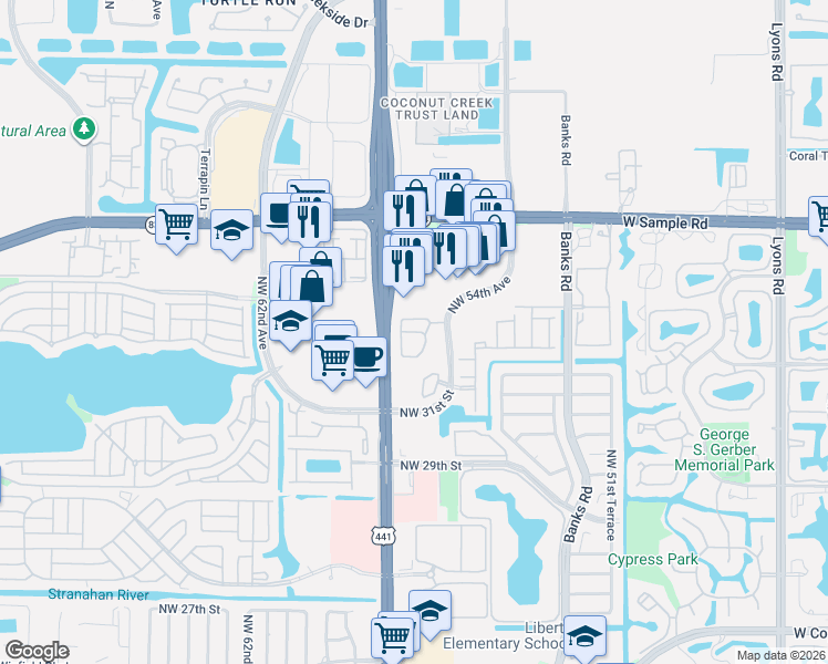 map of restaurants, bars, coffee shops, grocery stores, and more near 3409 Merrick Court in Margate
