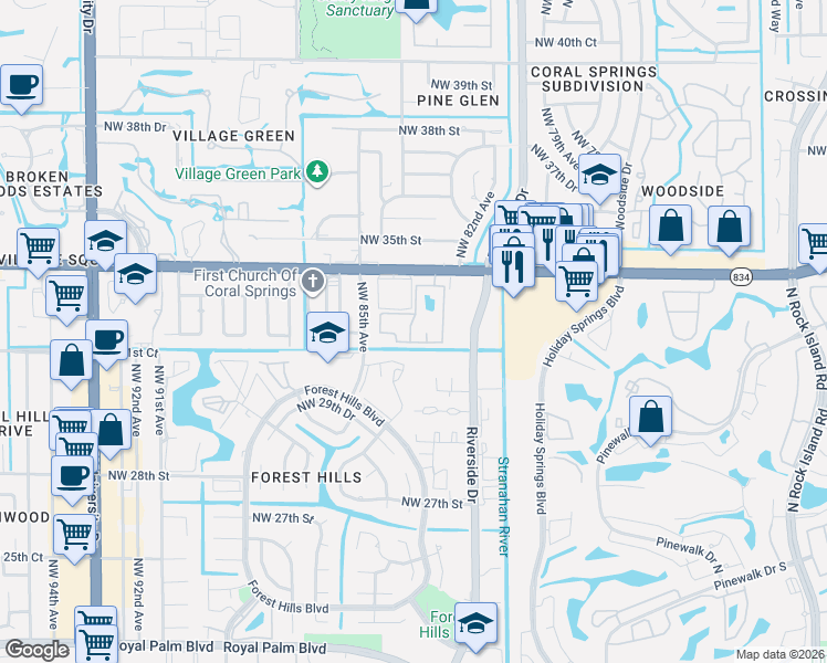 map of restaurants, bars, coffee shops, grocery stores, and more near 8409 Coral Lake Manor in Coral Springs