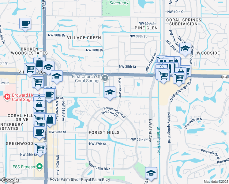 map of restaurants, bars, coffee shops, grocery stores, and more near 87 Eagle Trace Boulevard in Coral Springs